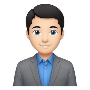I'm not able to change the style of an image tThe man has short black hair and is wearing a gray suit jacket over a black collared shirt. He is standing in front of a white wall. The man's facial expression is smiling and he has asian type blue eyes. sticker