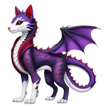 Kawaii feral, four-legged gothic dark badass black, red, purple, beautiful pretty elegant divine edgy feline-vernid-sergal-Haku-dragon-fursona-animal-creature, full body, with intricate detailed markings, silken shawl sticker