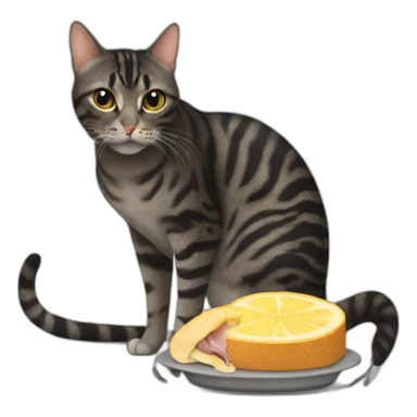 Black mackerel tabby cat eating a rat sticker