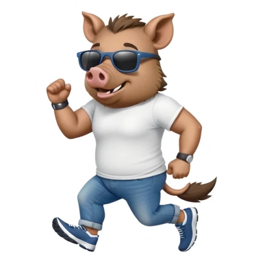friendly anthropomorphised boar in jeans and a t-shirt, wearing dark sunglasses, jogging upright, standard pose sticker