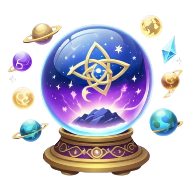 A mystical, glowing crystal ball with swirling sparkles and lightning bolts inside, surrounded by zodiac signs and planets floating in space, with tarot cards spread out on the table around the ball. Use bright purples, blues, and golds to create a magical, mysterious vibe. transparent background.  sticker