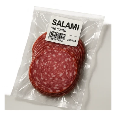 pre-sliced salami in clear vacuum-sealed plastic packaging with visible label, angled view, clean background sticker
