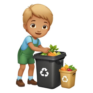 child putting food waste in a dustbin, cheerful and responsible sticker