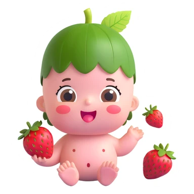 3D emoji-style baby with a strawberry leaf and fruit on its head, soft pink skin, round body, surprised or delighted face sticker