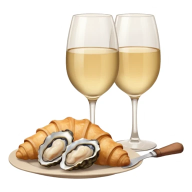French cuisine humanless avatar in clean emoji-style illustration. 1 Croissant, oysters and wine glass, soft beige tones, simple shapes, flat design, refined and cozy. sticker