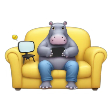 hippo watching TV in sofa with pikachu sticker