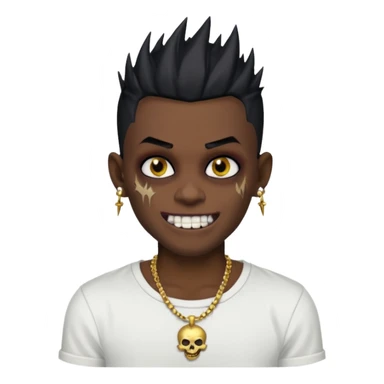 zombie boy with spiky emo black hair and white shirt , tattos, a risk on the eyebrow, earings,  a necklace emoji, with gold grills in his mouth and he’s smiling, change skin color to darkskin sticker