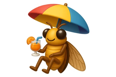 EMOJI STILE IPHONE 3D DI UNA CICALA CHE STA RILASSATA SEDUTA SOTTO L'OMBRELLONE CON UN COCKTAIL IN MANO sticker