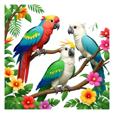 Close-up collage of vibrant Ara parrots and Inca cockatoos sitting on tree branches, surrounded by lush greenery. Bright colors of the birds stand out against a natural, sunny background of trees and flowers. Transparent background. sticker