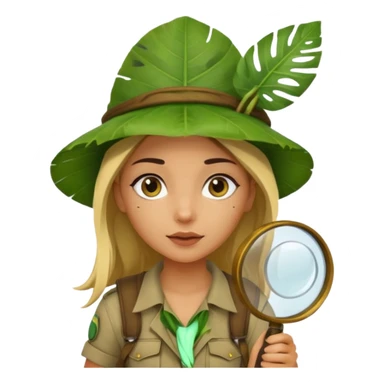 a young female explorer with jungle wearing a large leaf headgear bye and magnificer glass sticker