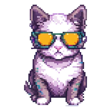 cat wearing sunglasses, retro and playful pixel art style sticker