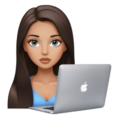 Glamours tanned very beautiful girl with pump natural peach beige lips and dark chocolate straight smooth long hair, blue-grey eyes with MacBook sticker