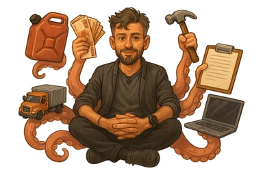 Перерисуй персонажа в объемном, но слегка рисованном стиле, у него много рук как у осьминога и он держит в них - канистру с бензином, пачку 5000 тысячных рублей, молоток, папку с бумагами, грузовой автомобиль, компьютер - фон сделай прозрачным sticker