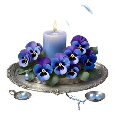 A mesmerizing nighttime scene featuring a cluster of vibrant blue pansies bathed in soft moonlight. In the background, a luminous silver crescent moon hangs low in the sky, partially veiled by delicate wisps of mist. A round, decorative candle in a shimmering pearl color rests on an ornate silver tray, its gentle glow casting flickering reflections on the surrounding petals. Tiny fireflies dance in the air, adding an ethereal touch, while a few scattered crystals glisten among the flowers. sticker