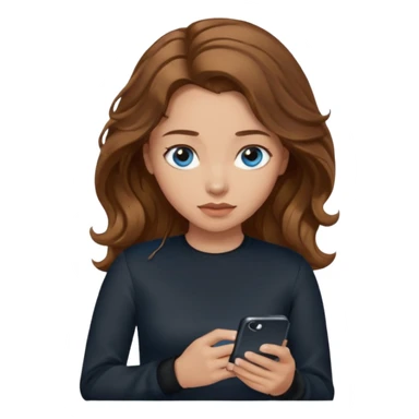 generate a pretty woman with blue eyes, light skin and medium brown long wavyshiny hair holding a phone she is looking at the phone while looking down at the screen. she is wearing an ALL black long sleeve sticker