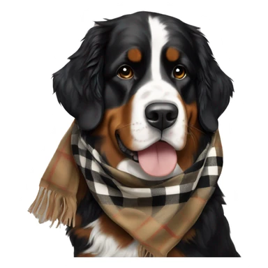 A Bernese mountain dog wearing a Burberry scarf sticker