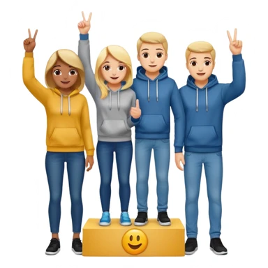 three people in jeans and hoodies on a winners podium with no numbers, middle step higher, center person holds up one finger on each hand, bright cheerful expressive emoji illustration sticker