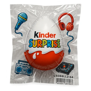 Kinder Surprise egg with standard packaging, toys including microphone, boombox, headphones, DJ setup, glossy and puffy vacuum-sealed style sticker