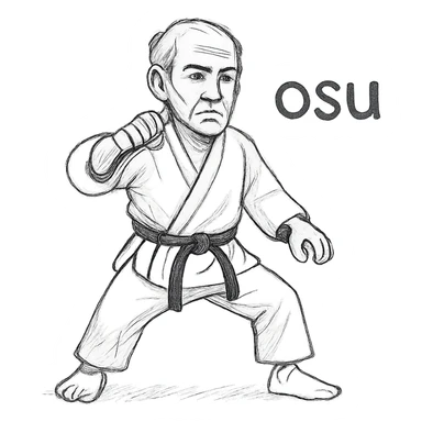 Make the Kyokushin martial artist older with visible age and mature features, change to the 'osu' position, keep the white gi, black belt, and 'osu' text in the same hand-drawn style. sticker