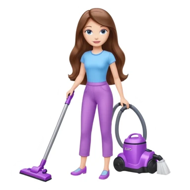 beautiful barbie girl with long brown hair, blue eyes and wearing light purple clothes, cleaning and vacuuming sticker