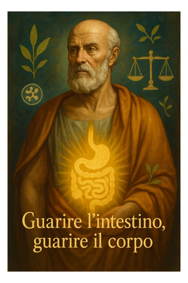 Vertical format: Portrait of Hippocrates with a glowing aura on the abdomen, symbols of intestinal balance, Italian text: 'Guarire l’intestino, guarire il corpo.' sticker