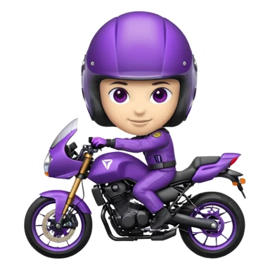 Créer un emoji avec une moto mt07 sport noir mate / violet iridescent très foncé. Avec une pilote dessus visière violet sombre faceless, bulle de la moto violet. Avec fond arrière violet, tenue complète casque inclus violet  sticker