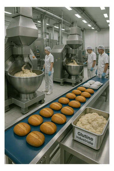 a modern food processing factory interior, with large stainless steel machines mixing and kneading dough. In the foreground, a conveyor belt carries loaves of bread and trays of raw gluten, labeled “Glutine industriale” Workers in uniforms and hairnets monitor the process. The atmosphere is clean, efficient, and slightly clinical. sticker