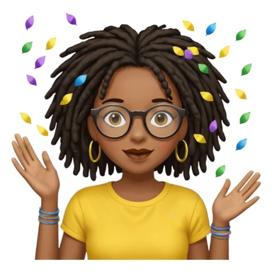 Black female with dark dreadlock hair wearing large round glasses and a yellow top celebrating with confetti sticker