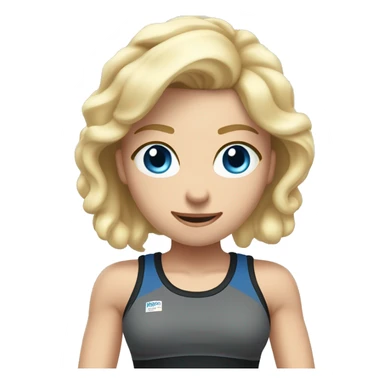 Close up Actively gesturing  with hands Pale skinned Fit woman With the biceps and blonde hair in dark gray Sleeveless Mike, black sports shorts, watch and white Sneakers and Blue Eyes  sticker