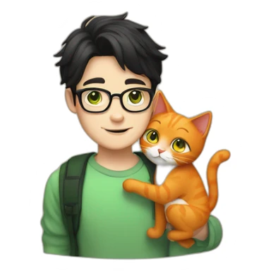 White boy with green eyes, black hair and with glasses hug percian orange cat sticker