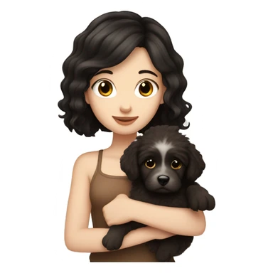 pale white girl with black hair holding brown fluffy puppy sticker