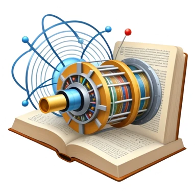 An icon featuring a physics textbook, a large Hadron Collider with particles flying off, symbolizing the study of physics. The design includes atomic models, energy waves, and scientific formulas, representing fundamental physical principles and research. Transparent background. sticker