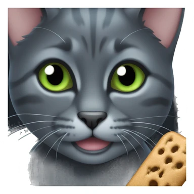 Dark grey cat with blue, green eyes, with a cat treat  sticker