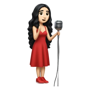 Dua Lipa, full body with long black hair, wearing a long red dress with red shoes, singing with microphone in her hand sticker