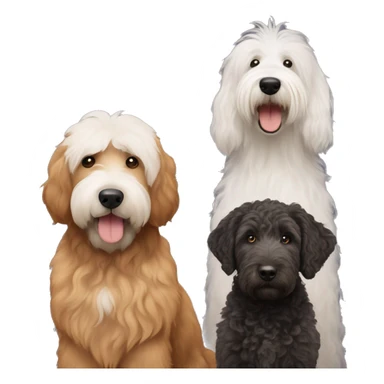 Two black golden doodles, a brown golden doodle, and a old English sheepdog together sticker