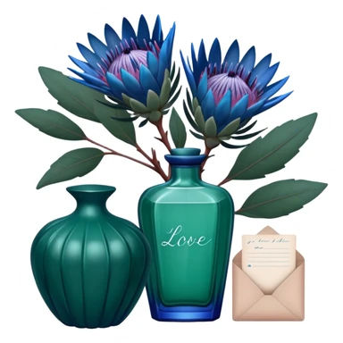 Dark green captivating perfume bottle with blue proteas and a handwritten love letter sticker