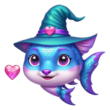 Make the rainbow fish glow with a magical aura and change the blue fox to a neon teal color, keep the purple sparkly witch hat, magical background, and big pink heart in vibrant toon style. sticker