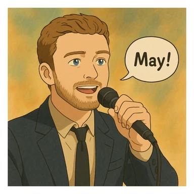 ghibli style Justin Timberlake with microphone, saying 'May!', semi-realistic, soft lighting sticker