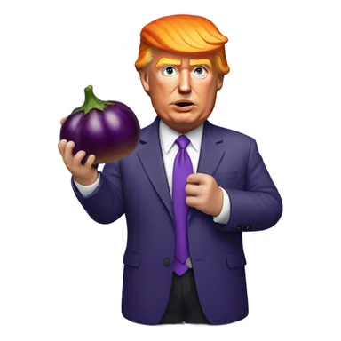 Realistic Donald trump with bright orange hair eating long, skinny purple ￼eggplant sticker