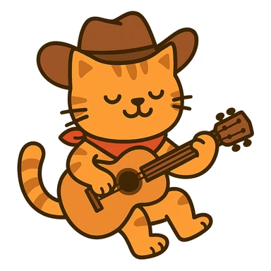 flat toon orange cowboy cat strumming an acoustic guitar  sticker