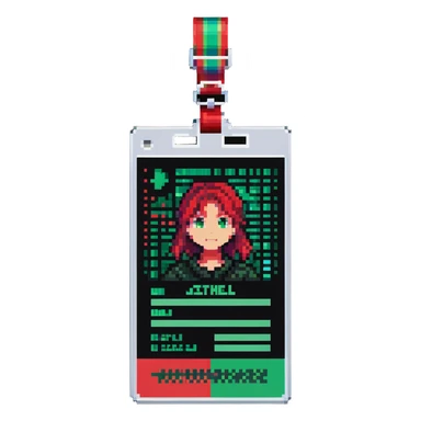 Member ID card with green to red gradient holographic effect and pixel art design sticker
