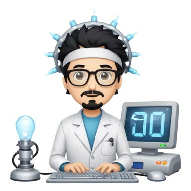 Mad scientist with black hair and goatee and glasses named Omni with headgear on and a computer sticker