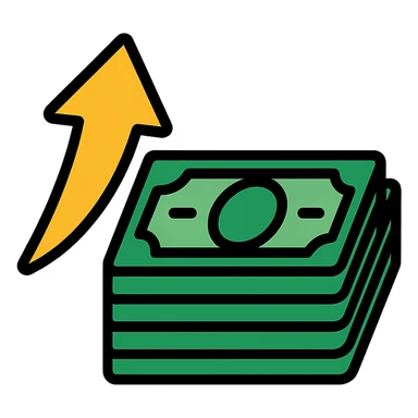 golden arrow with a stack of exciting green money, vibrant, clear, icon style sticker