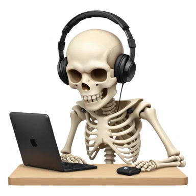 Skeleton with black headphones on raging a video game with his head on his desk sticker