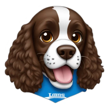 brown springer spaniel wearing detroit lions football helmet and holding football sticker