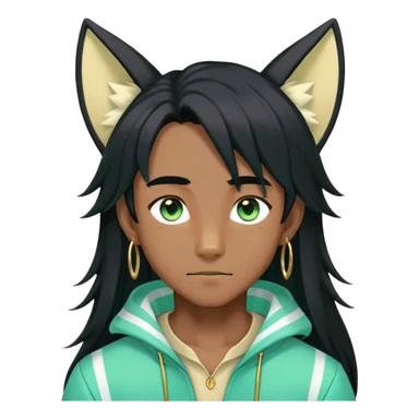 Black anime man with straight long black hair with light-green stripes in it, long black fox ears, hazel-gradient-brown-turquoise eyes, gold earring, sticker