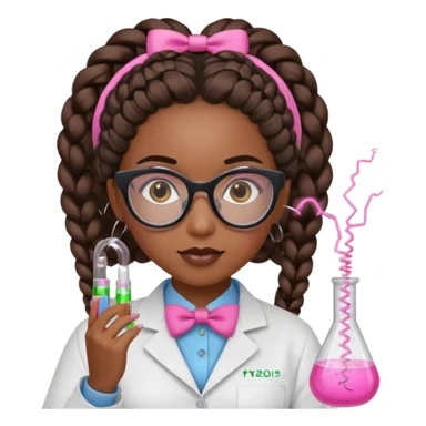black girl scientist with goddess braids, pink bow, black glasses, performing a science experiment with an electric circuit sticker