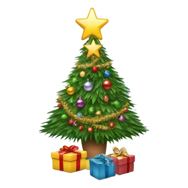 A decorated Christmas tree with ornaments, tinsel, and a star on top sticker