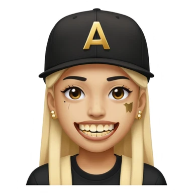 Give this person gold teeth. Give this person a black snapback with a white letter A. Give this person a scar on her face. sticker