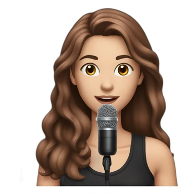 Caucasian woman with long brown hair and pink highlights, with a microphone singing, wearing a black t-shirt sticker